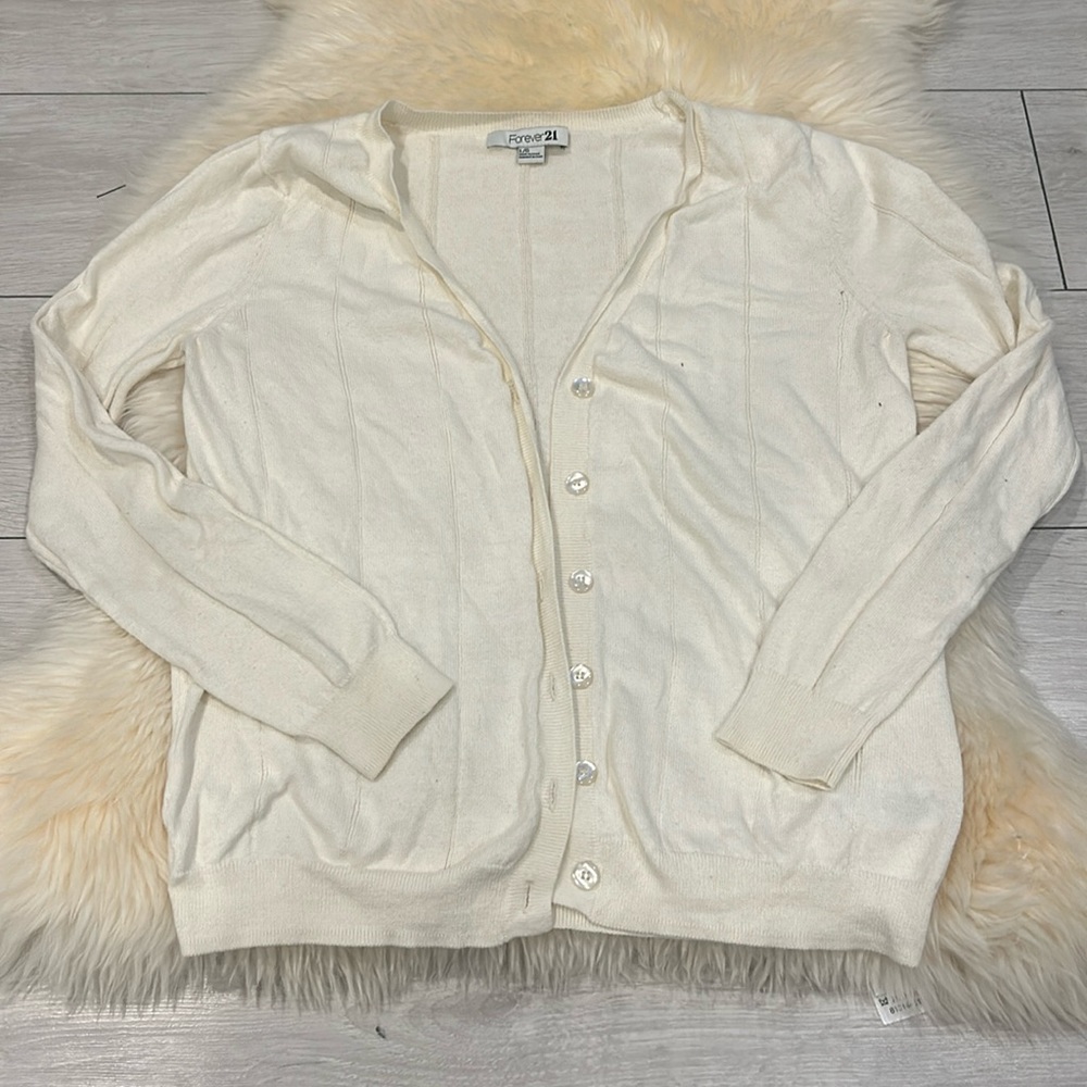 Forever 21 Cream Button Cardigan with Back Line Details and Ribbed Cuffs and Hem